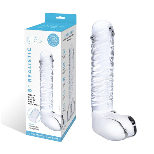 Glas 8'' Realistic Ribbed Glass G-Spot Dildo With Balls | 4890808250525 | Available at EroticWarehouse.com