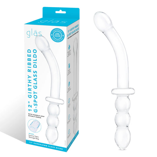 Glas 12" Girthy Ribbed G-Spot Glass Dildo With Handle Grip Double Ended | 4890808282991 | Available at EroticWarehouse.com