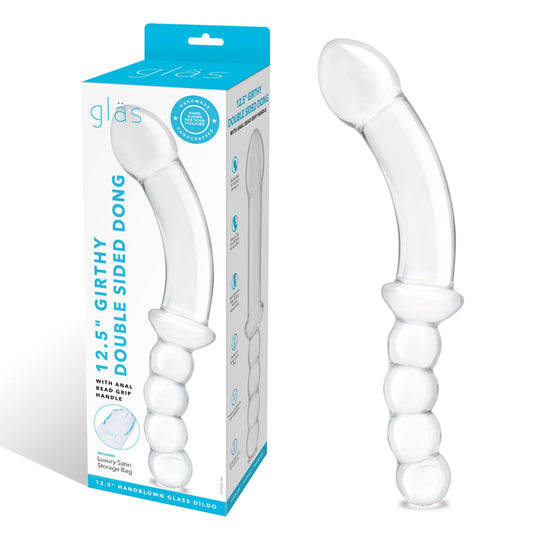 Glas 12.5" Girthy Double Sided Dong With Anal Bead Grip Handle | 4890808283035 | Available at EroticWarehouse.com