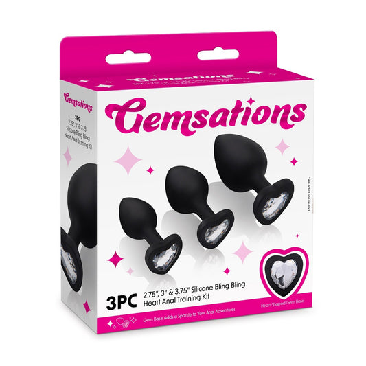 Gemsations 3Pc Silicone Ling Bling Heart Anal Training Kit Black | 4890808285435 | Available at EroticWarehouse.com