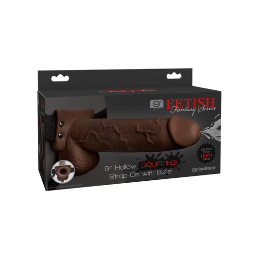 Fetish Fantasy 9" Hollow Squirting Strap-On With Balls Brown | 603912759297 | Available at EroticWarehouse.com
