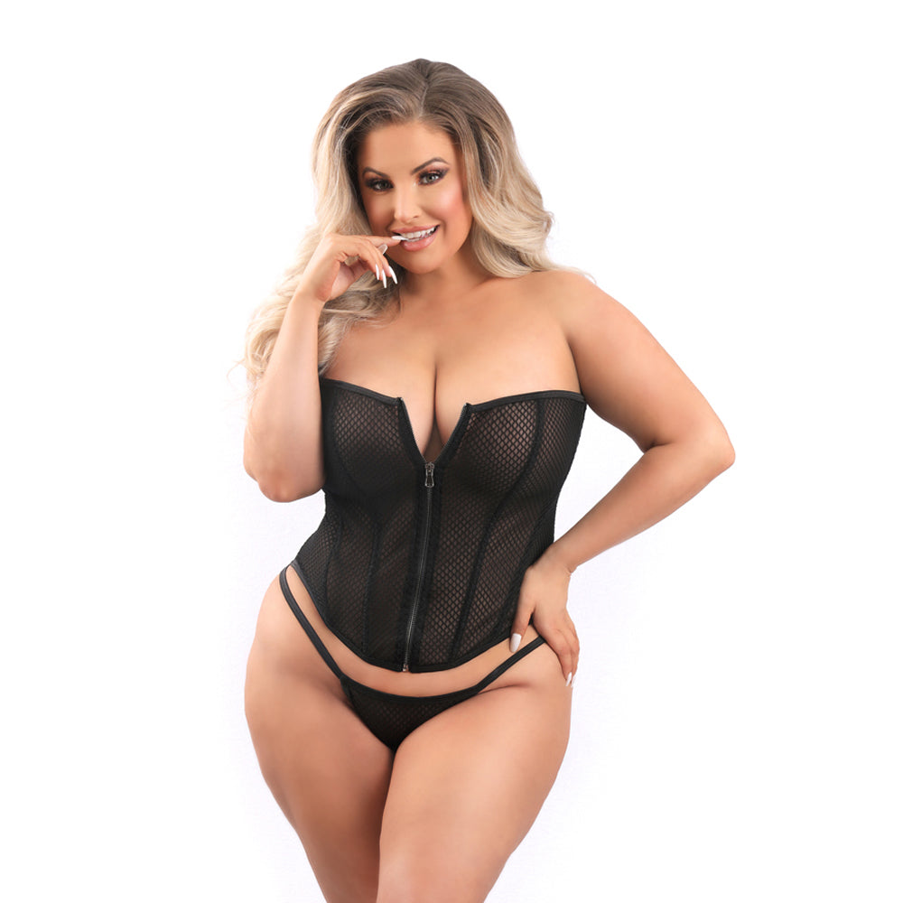 Zipper Front Mesh Overbust Corset & G-String Panty Xl | 657447315527 | Available at EroticWarehouse.com