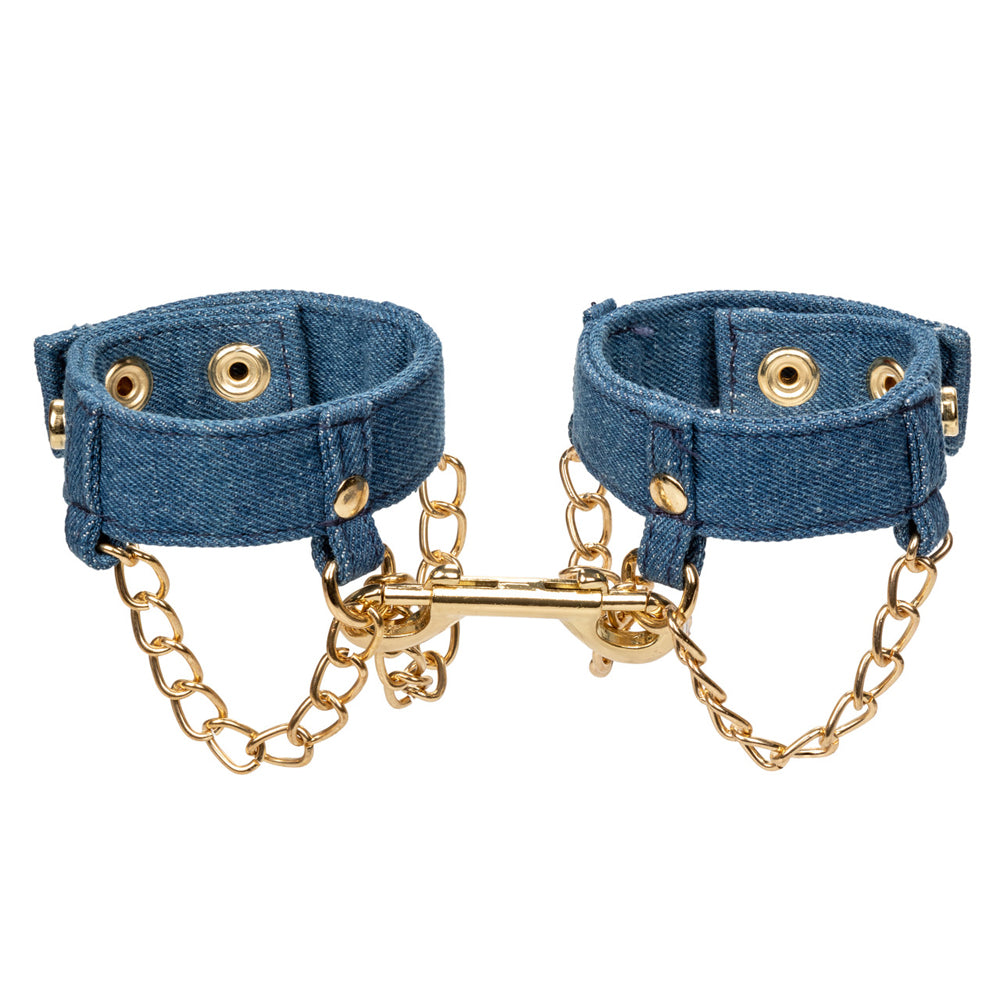 Ride 'Em Premium Denim Collection Wrist Cuffs | 716770105509 | Available at EroticWarehouse.com