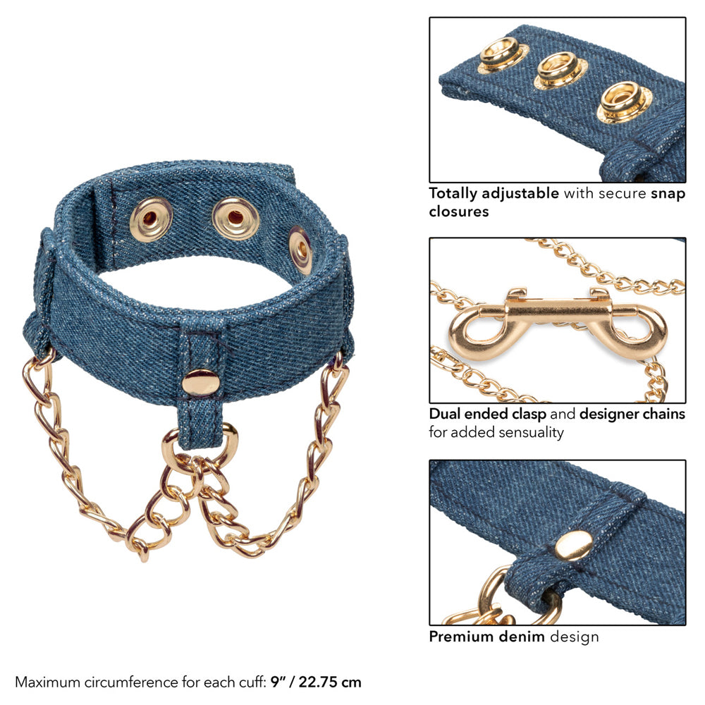 Ride 'Em Premium Denim Collection Wrist Cuffs | 716770105509 | Available at EroticWarehouse.com