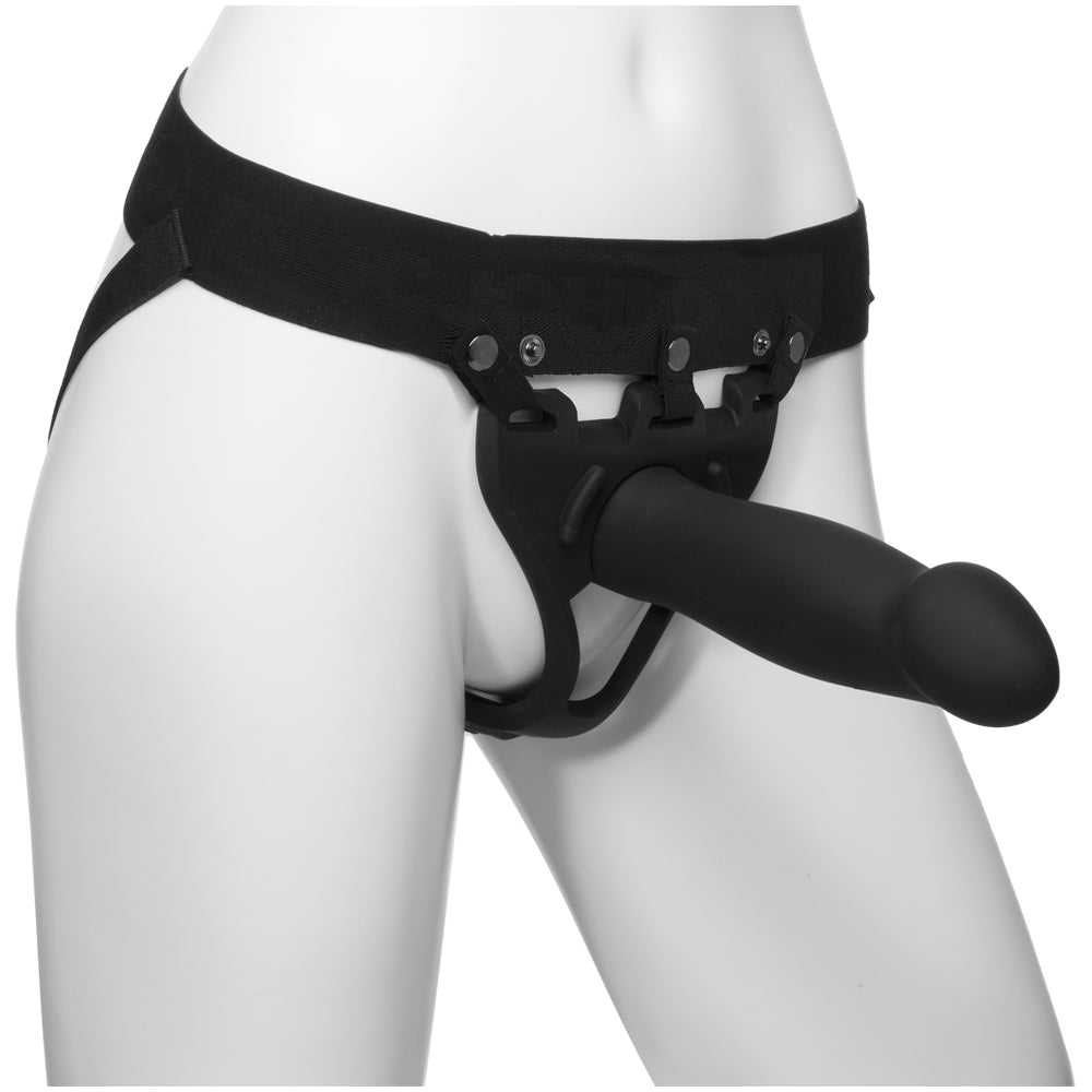 Body Extensions Be Bold 2-Piece Set Silicone Harness with 8" Large Dong Black | 782421070342 | Available at EroticWarehouse.com