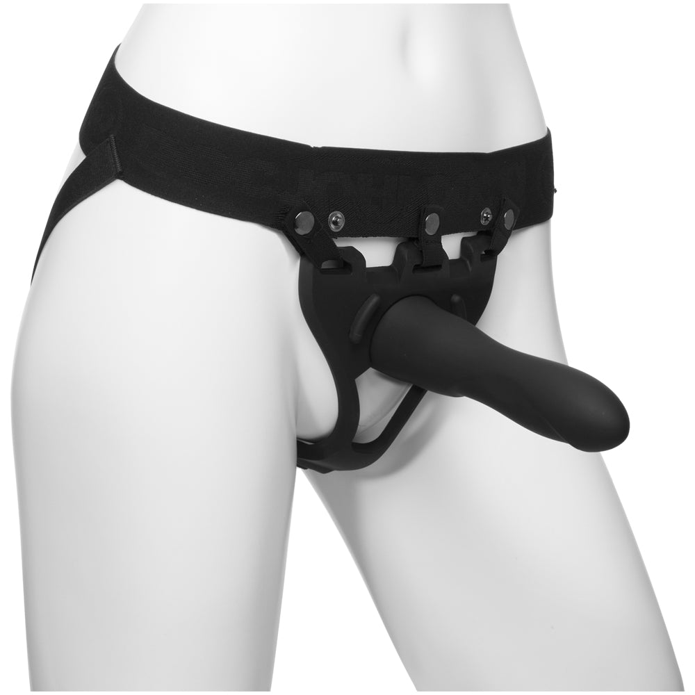 Body Extensions Be Strong 2-Piece Set Silicone Harness with 7.5" Slim Dong Black | 782421070359 | Available at EroticWarehouse.com