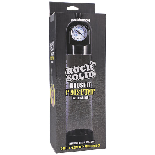 Rock Solid Boost It Penis Pump With Gauge Black/Clear | 782421086480 | Available at EroticWarehouse.com