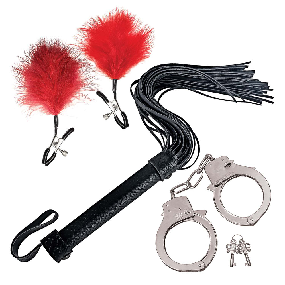 Bondage By Nasstoys Whip, Feather & Cuffs Red | 782631318715 | Available at EroticWarehouse.com
