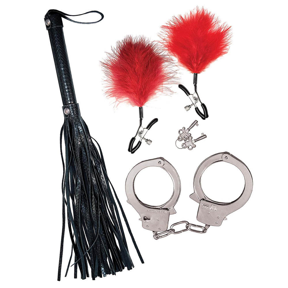 Bondage By Nasstoys Whip, Feather & Cuffs Red | 782631318715 | Available at EroticWarehouse.com