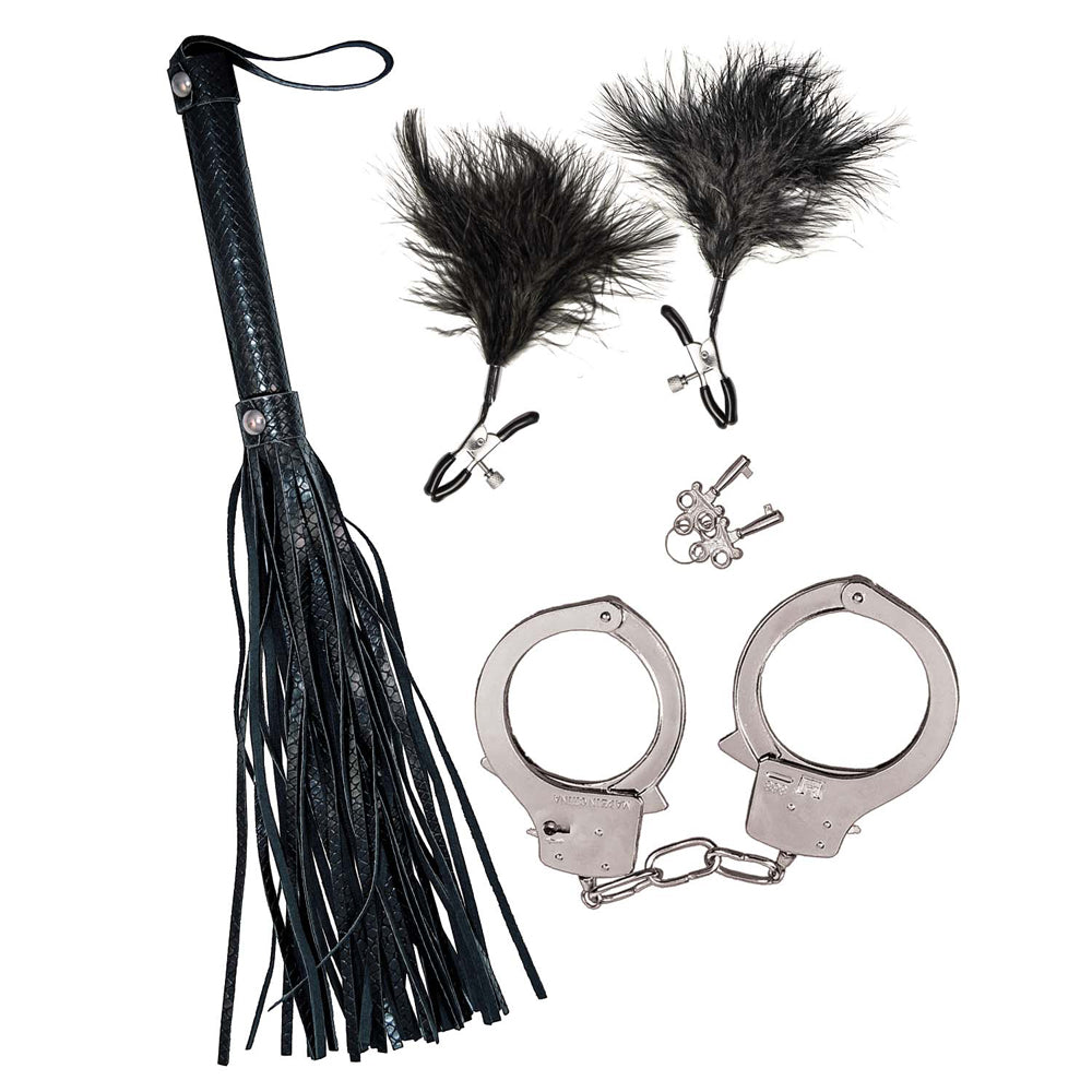 Bondage By Nasstoys Whip, Feather & Cuffs Black | 782631318722 | Available at EroticWarehouse.com