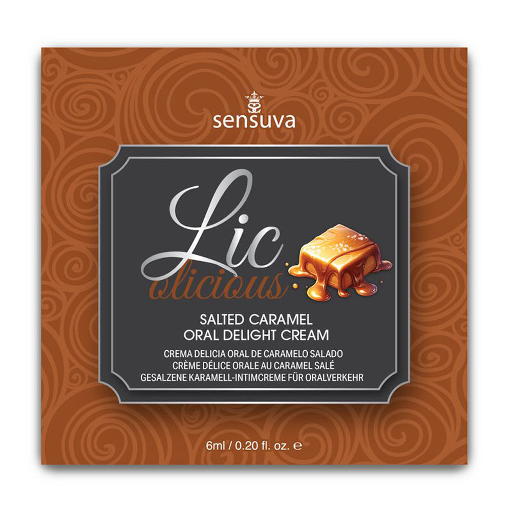Lic-O-Licious Oral Delight Cream Salted Caramel 6 ml. Single-Use Packet | 810002664663 | Available at EroticWarehouse.com