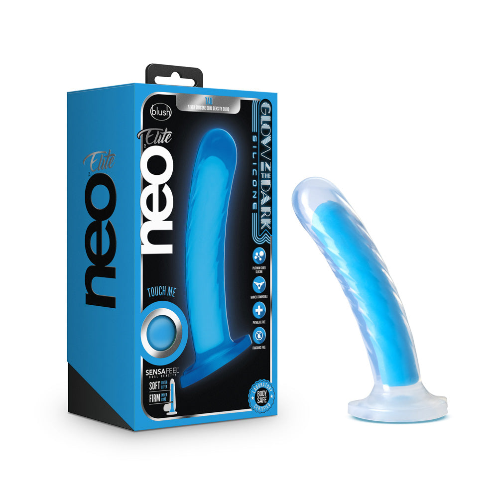 Neo Elite Glow In The Dark Tao 7" Silicone Dual Density Dildo Neon Blue | 819835025207 | Available at EroticWarehouse.com