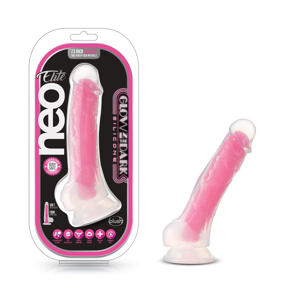 Neo Elite Glow In The Dark 7.5" Silicone Dual Density Cock With Balls Neon Pink | 819835026051 | Available at EroticWarehouse.com