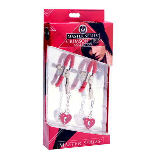 Master Series Crimson Tied Charmed Heart Padlock Nipple Clamps | 848518017062 | Available at EroticWarehouse.com