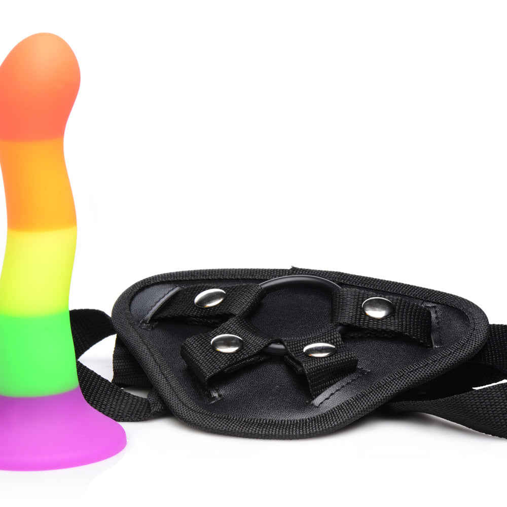 Strap U Proud Rainbow Silicone Dildo With Harness | 848518034434 | Available at EroticWarehouse.com