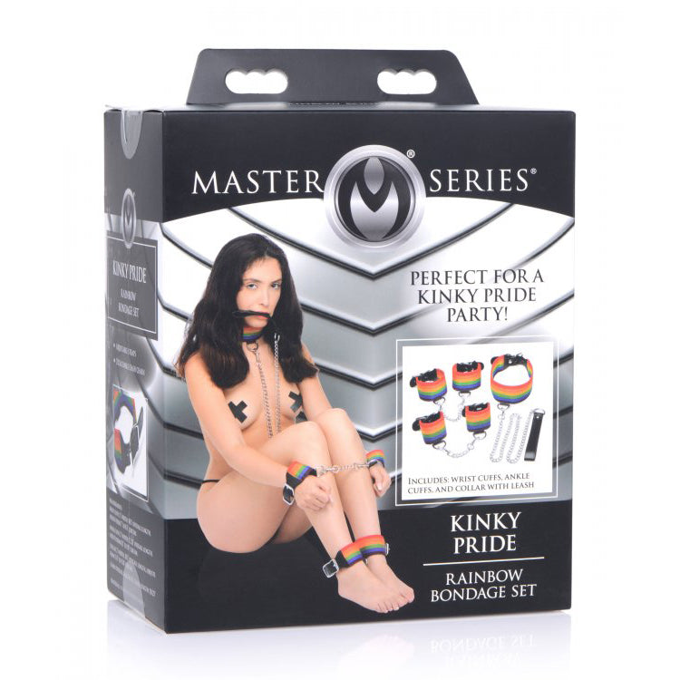 Master Series Kinky Pride Rainbow Bondage Set Wrist & Ankle Cuffs & Collar W/Leash | 848518039194 | Available at EroticWarehouse.com