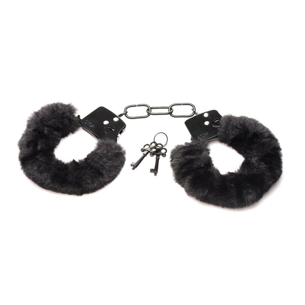Master Series Cuffed In Fur Furry Handcuffs Black | 848518046864 | Available at EroticWarehouse.com