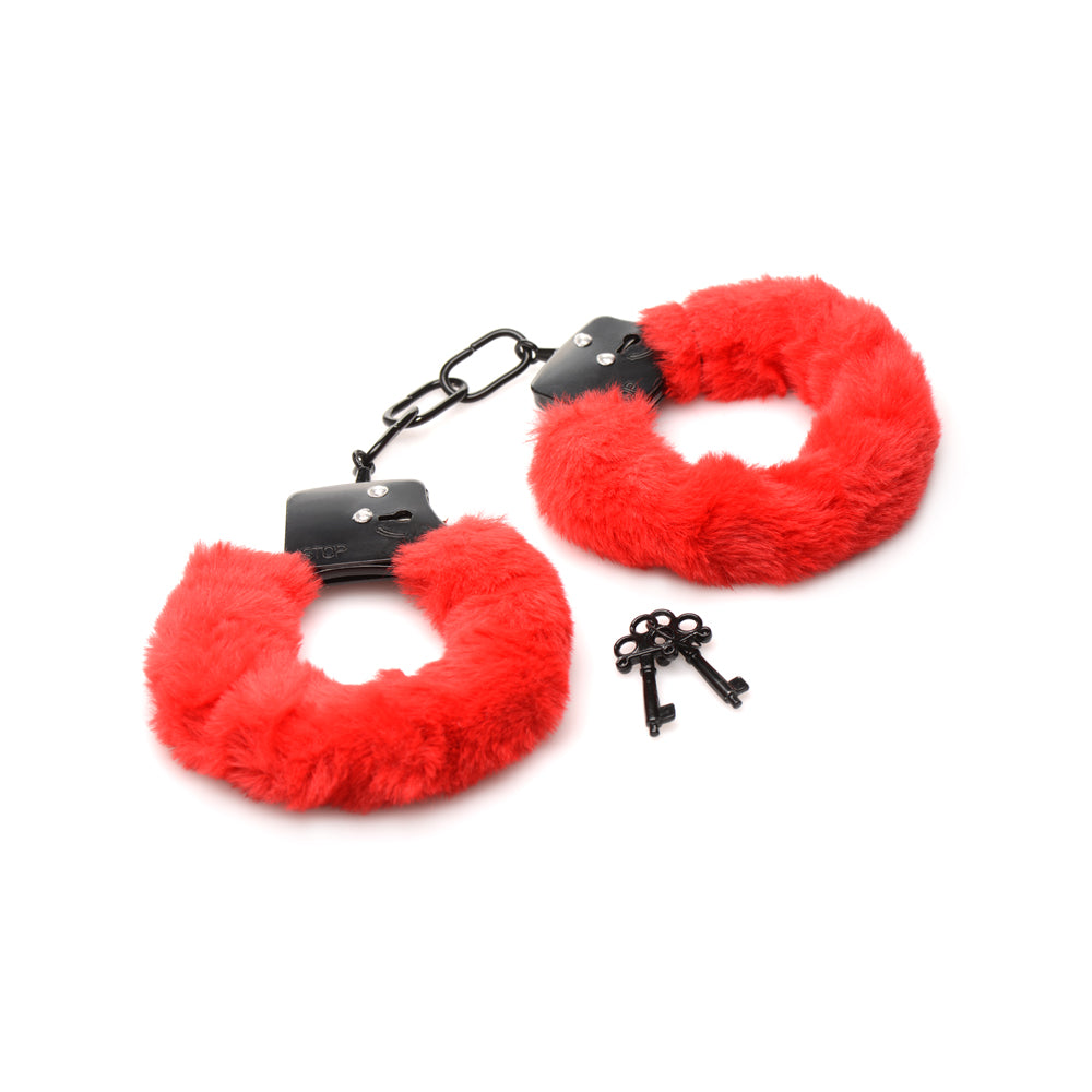 Master Series Cuffed In Fur Furry Handcuffs Red | 848518046871 | Available at EroticWarehouse.com