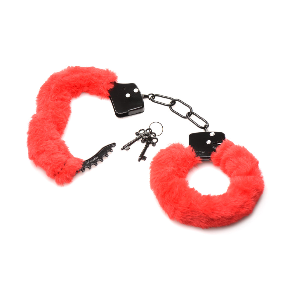 Master Series Cuffed In Fur Furry Handcuffs Red | 848518046871 | Available at EroticWarehouse.com