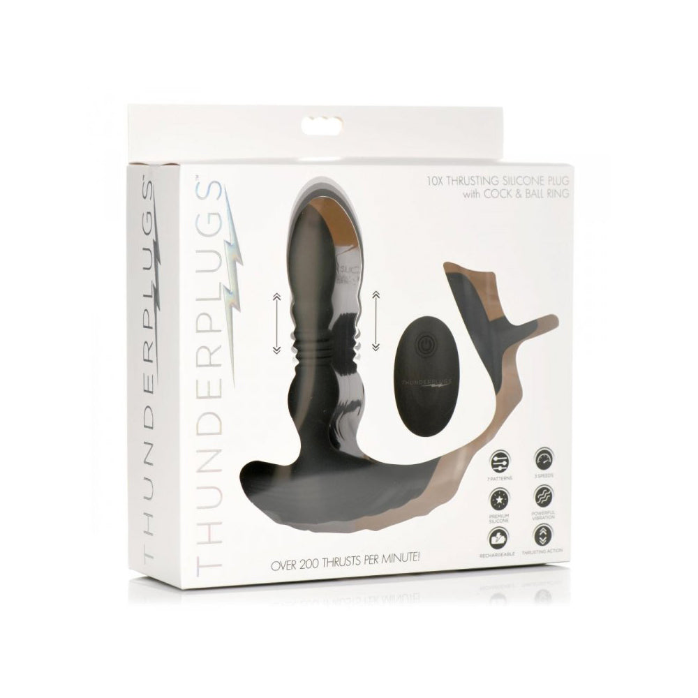Thunder Plugs 10X Thrusting Silicone Vibrator W/ Cock & Ball Strap & Remote | 848518047564 | Available at EroticWarehouse.com