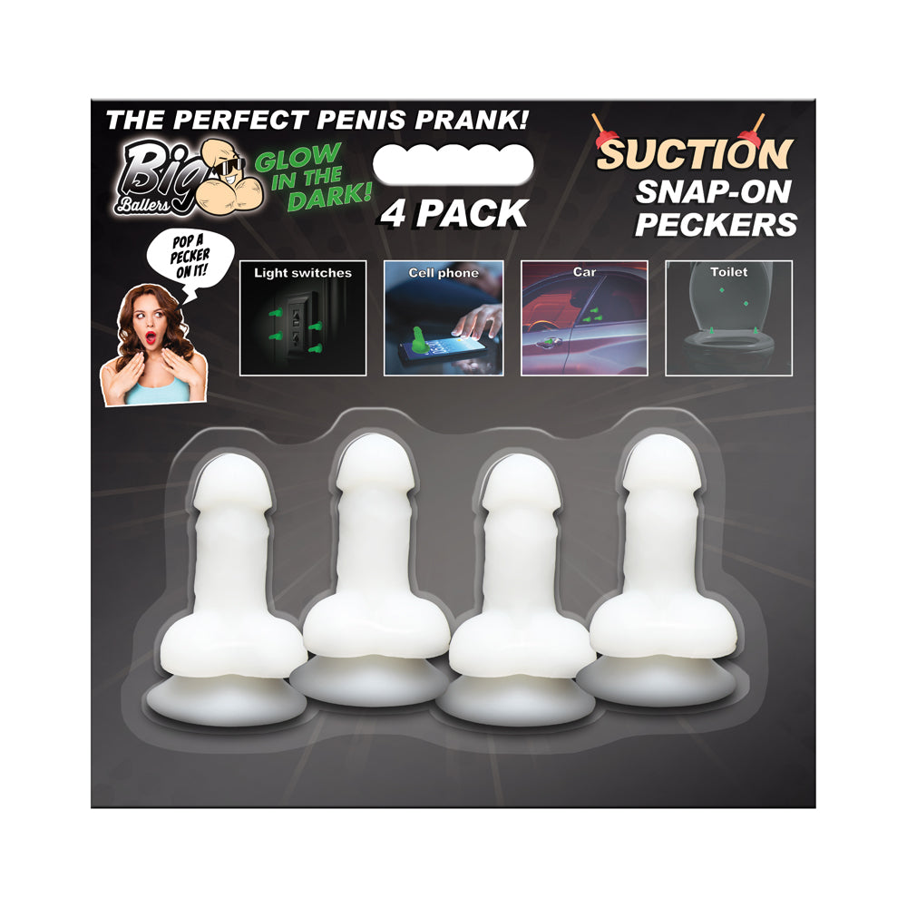 Big Ballers Glow-In-The-Dark Suction Snap-On Peckers 4 Pk | 848518055996 | Available at EroticWarehouse.com