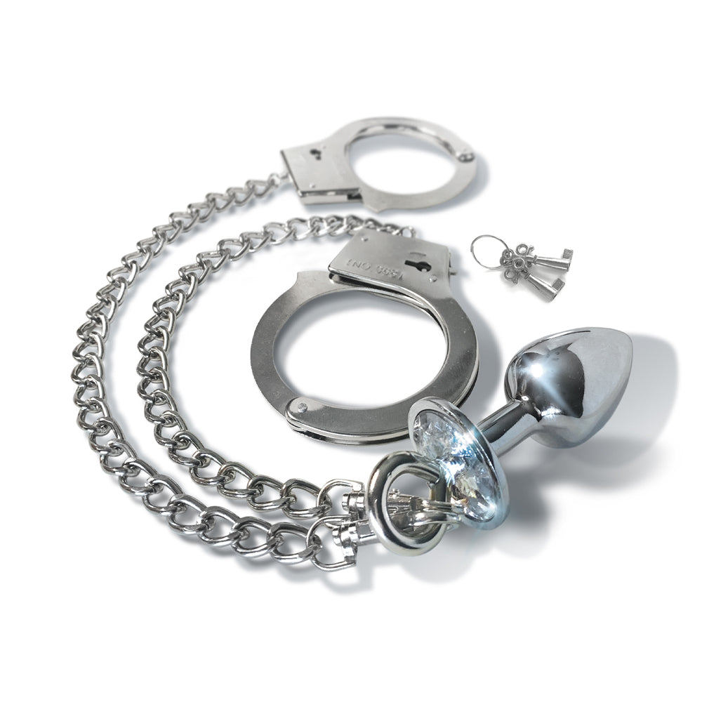 Nixie Metal Butt Plug & Furry Cuff Set Small Silver | 850010096865 | Available at EroticWarehouse.com