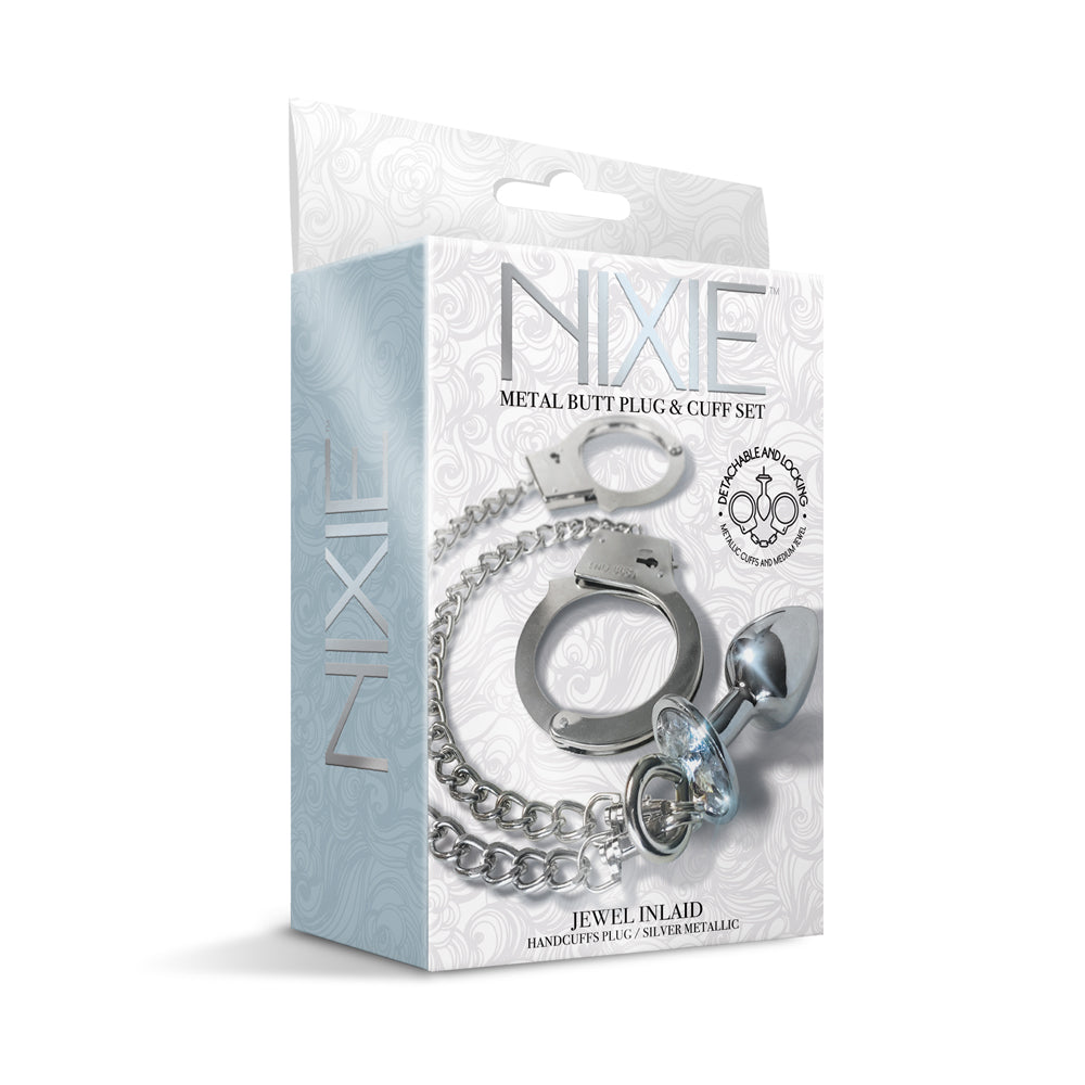 Nixie Metal Butt Plug & Furry Cuff Set Small Silver | 850010096865 | Available at EroticWarehouse.com