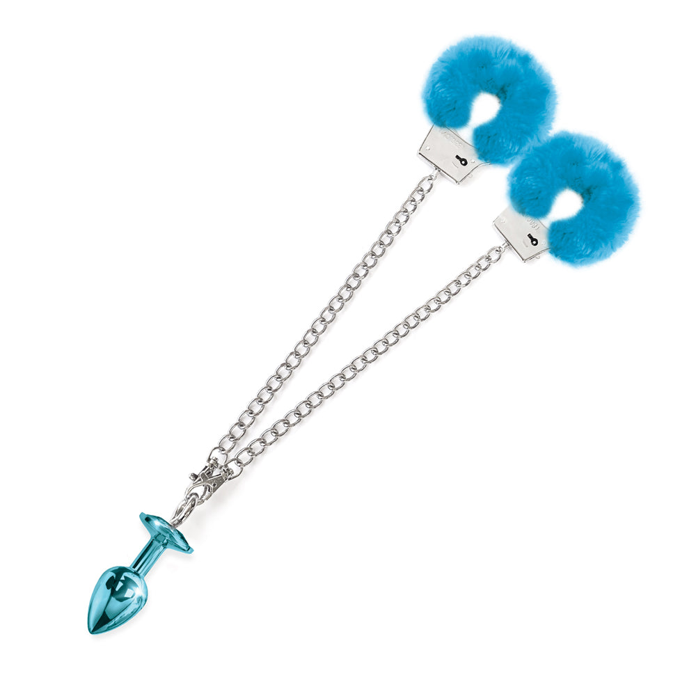 Nixie Metal Butt Plug & Furry Cuff Set Medium Blue Metallic | 850010096940 | Available at EroticWarehouse.com