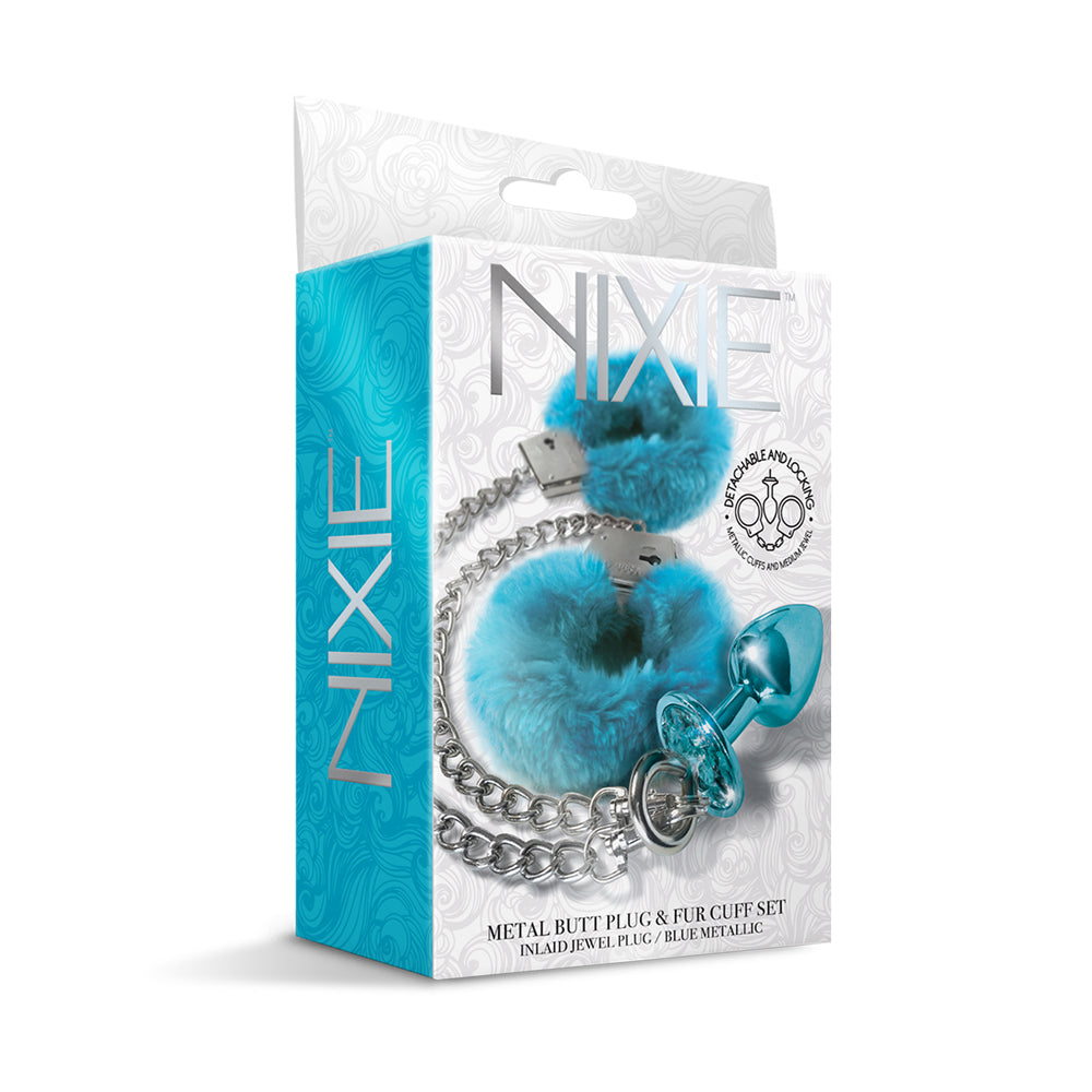 Nixie Metal Butt Plug & Furry Cuff Set Medium Blue Metallic | 850010096940 | Available at EroticWarehouse.com