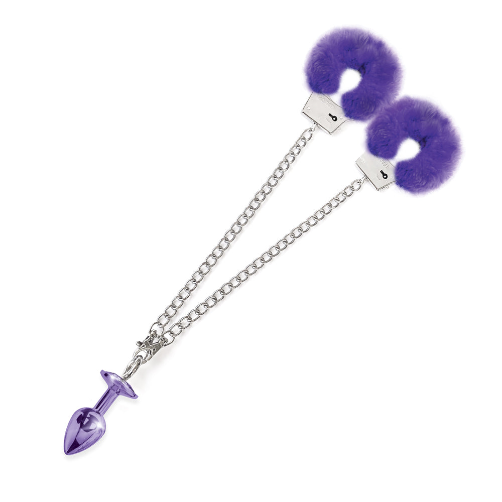 Nixie Metal Butt Plug & Furry Cuff Set Medium Purple Metallic | 850010096957 | Available at EroticWarehouse.com
