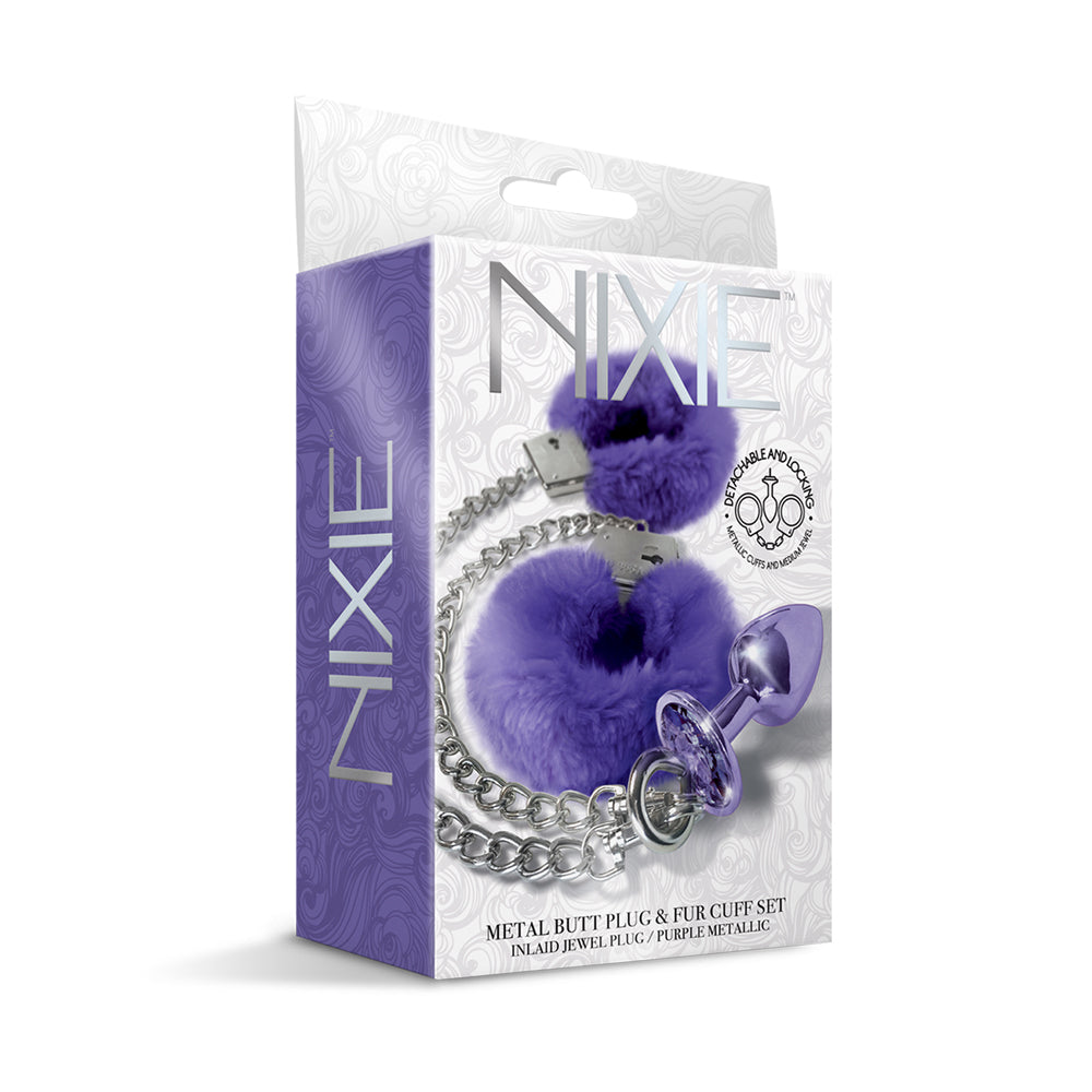 Nixie Metal Butt Plug & Furry Cuff Set Medium Purple Metallic | 850010096957 | Available at EroticWarehouse.com