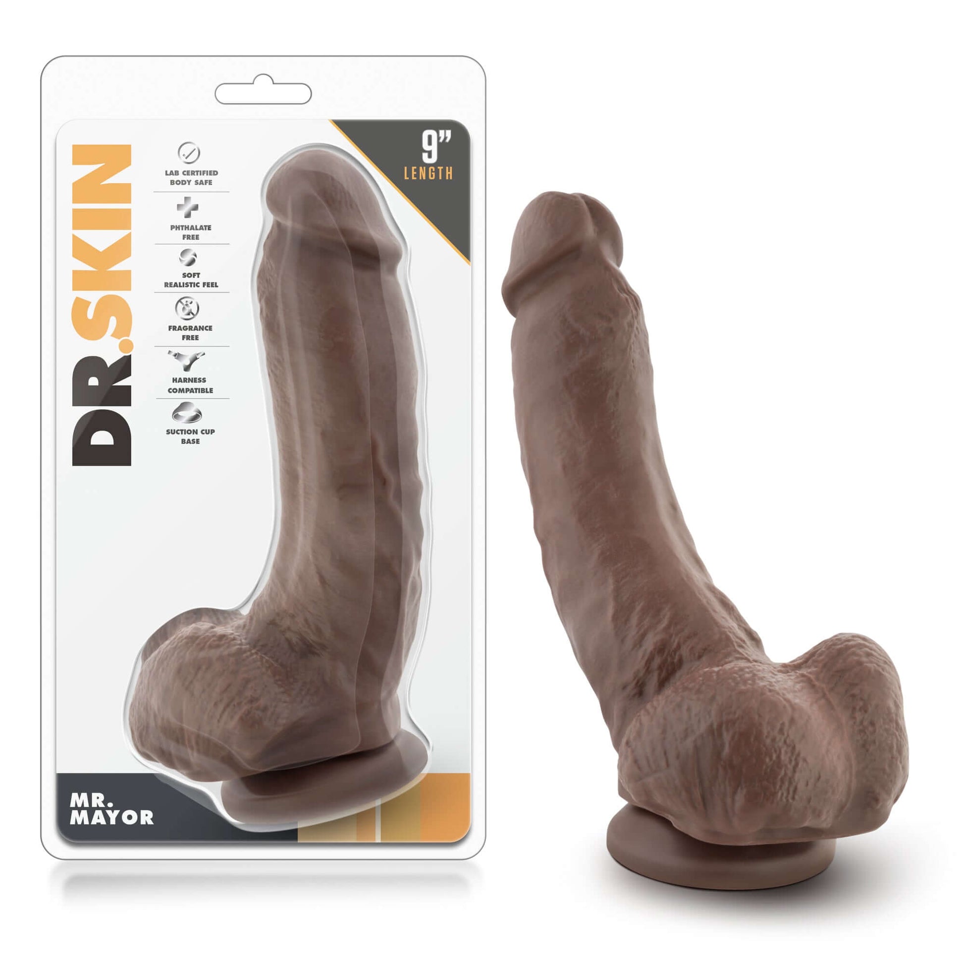 Dr. Skin - Mr. Mayor 9 Inch Dildo With Suction Cup - Chocolate | 855215007135 | Available at EroticWarehouse.com