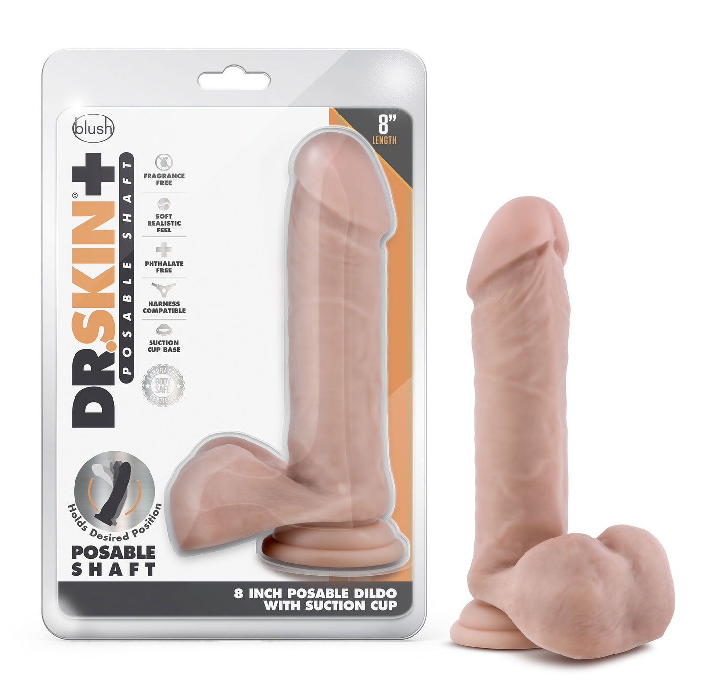 Dr. Skin Plus - 8 Inch Posable Dildo With Balls - Vanilla | 819835028185 | Available at EroticWarehouse.com