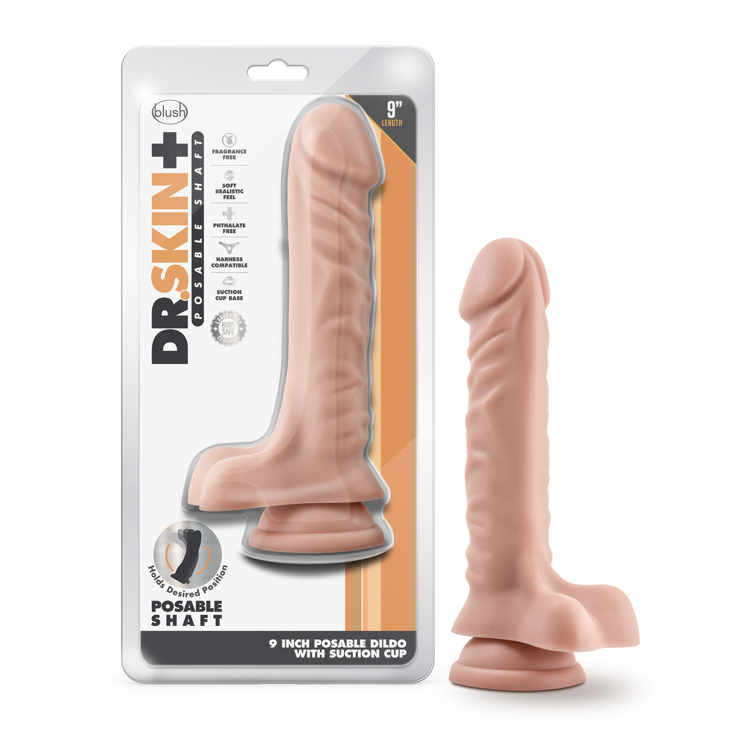 Dr. Skin Plus - 9 Inch Posable Dildo With Balls - Vanilla | 819835028246 | Available at EroticWarehouse.com