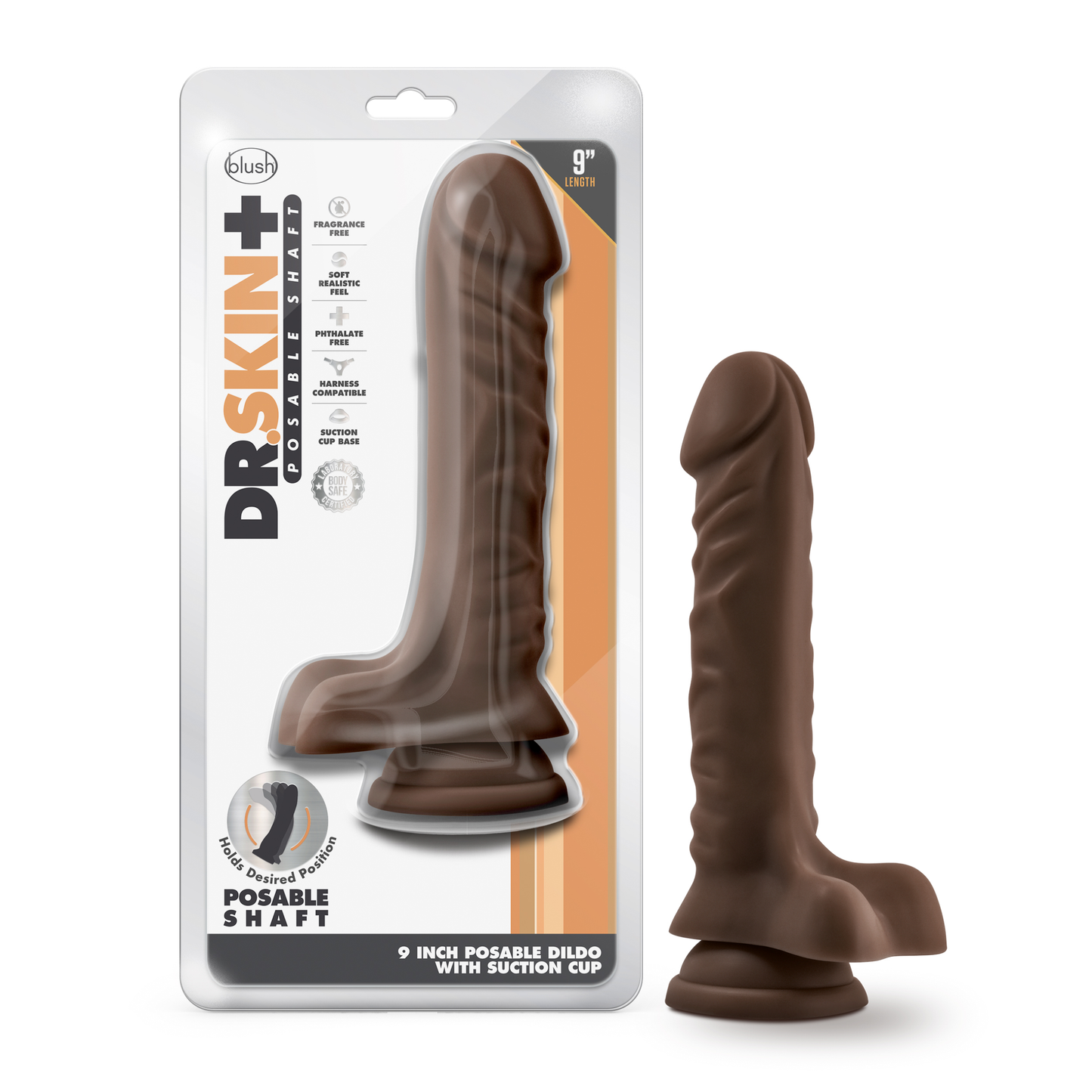 Dr. Skin Plus - 9 Inch Posable Dildo With Balls - Chocolate | 819835028260 | Available at EroticWarehouse.com
