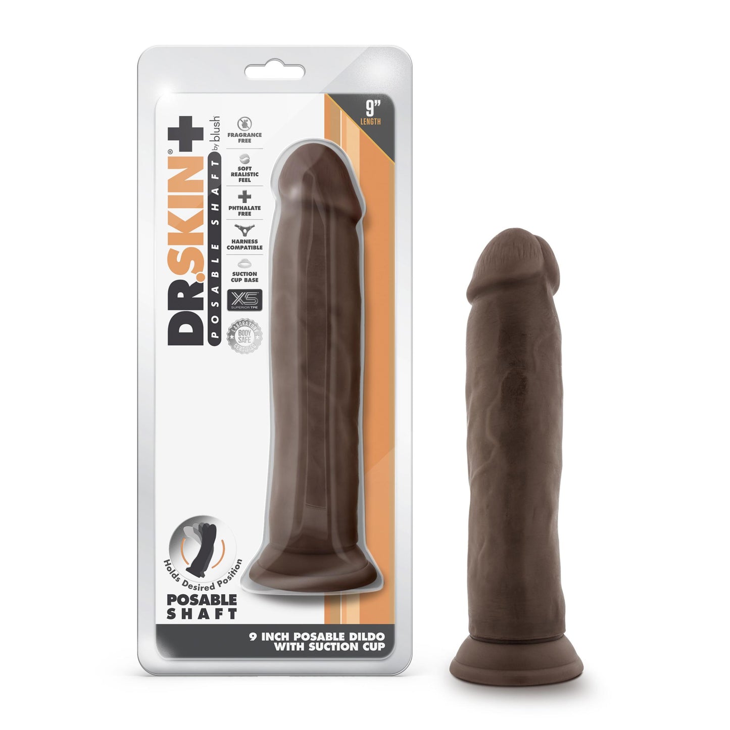 Dr. Skin Plus - 9 Inch Posable Thick Dildo - Chocolate | 819835028536 | Available at EroticWarehouse.com
