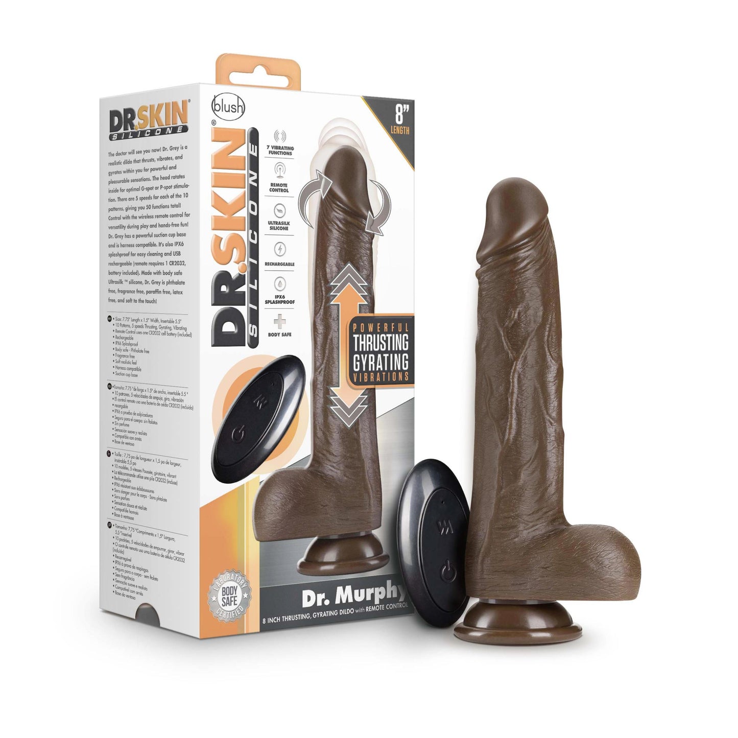 Dr. Skin Silicone - Dr. Murphy - 8 Inch Thrusting Dildo - Chocolate | 819835028314 | Available at EroticWarehouse.com
