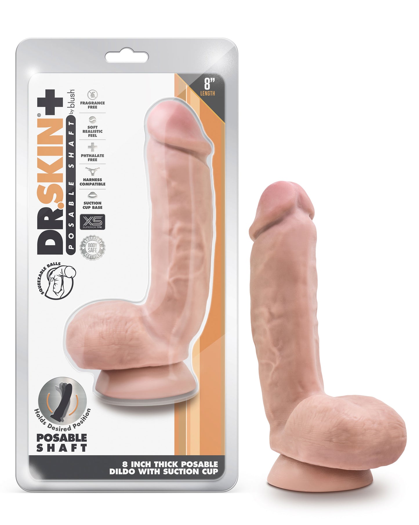 Dr. Skin Plus - 8 Inch Thick Poseable Dildo With Squeezable Balls - Vanilla | 819835028468 | Available at EroticWarehouse.com