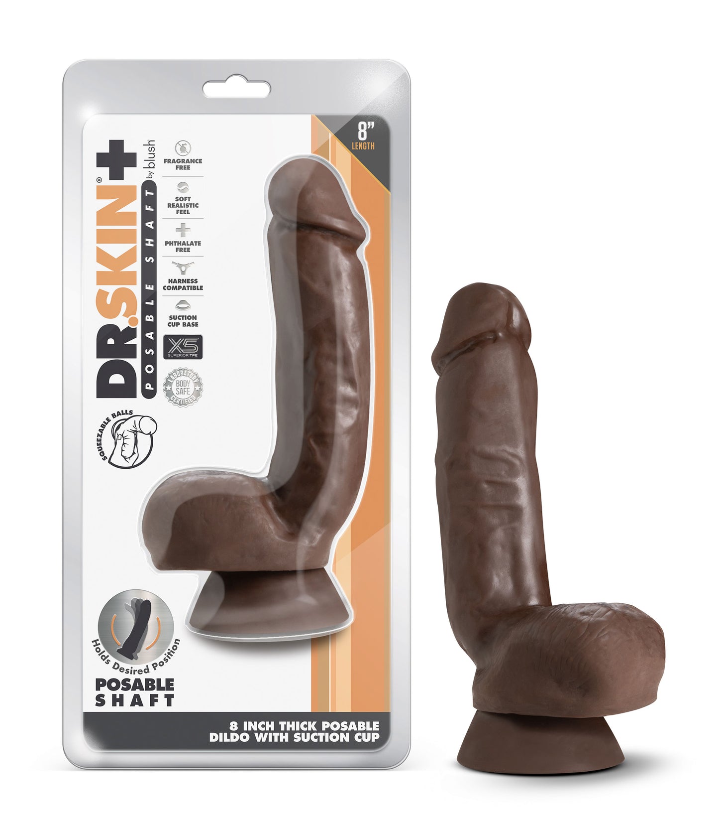 Dr. Skin Plus - 8 Inch Thick Poseable Dildo With Squeezable Balls - Chocolate | 819835028475 | Available at EroticWarehouse.com
