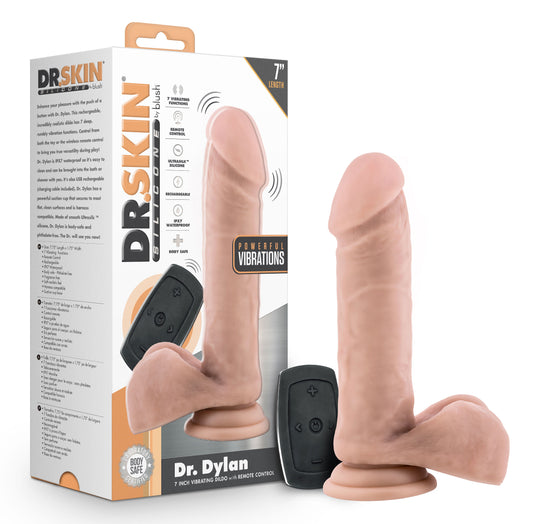 Dr. Skin Silicone - Dr. Dylan - 7 Inch Vibrating Dildo With Remote Control- Vanilla | 819835028390 | Available at EroticWarehouse.com