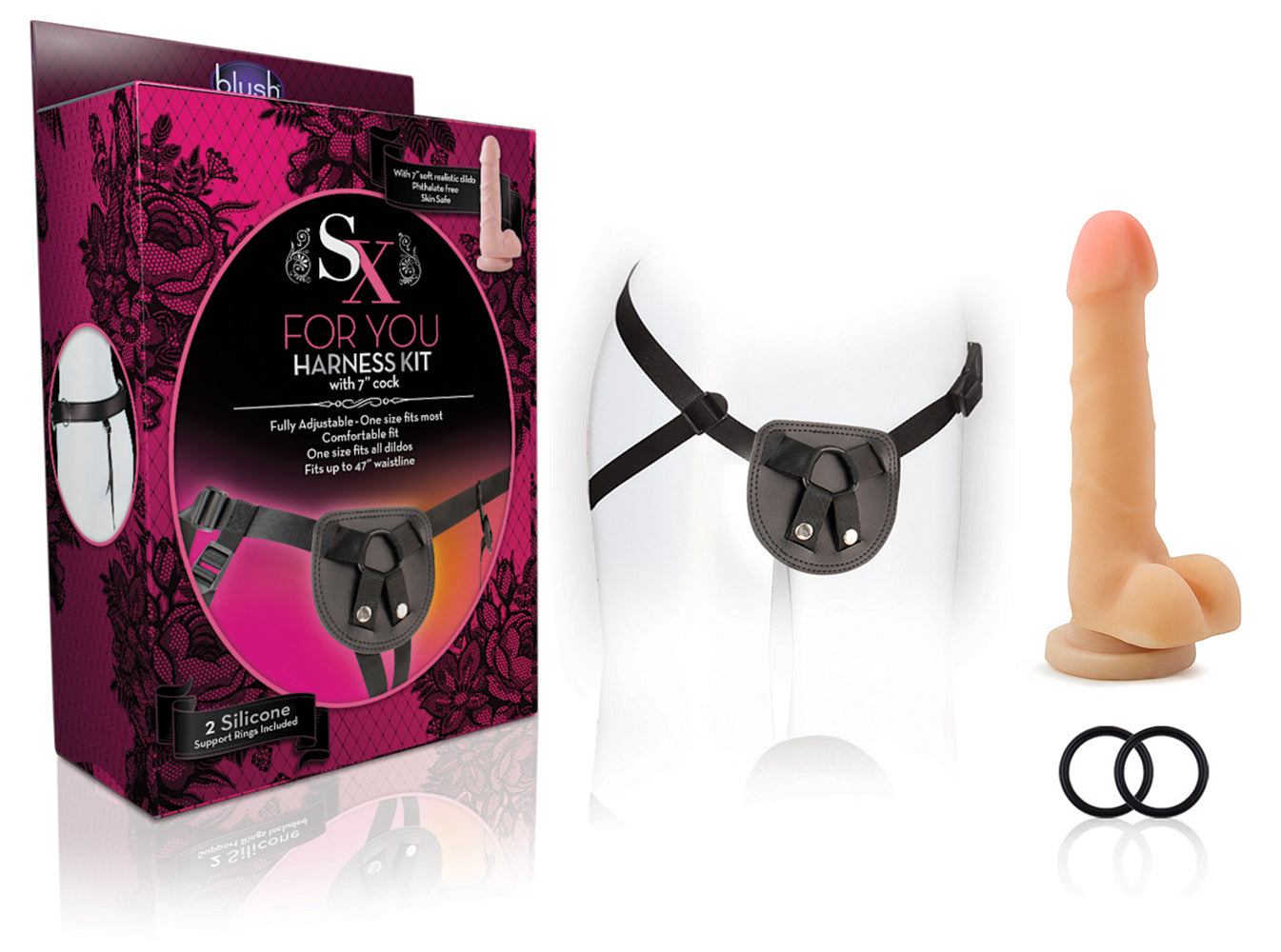 For You Harness Kit With 7 Inch Cock (Beige) Black Harness | 735380802158 | Available at EroticWarehouse.com