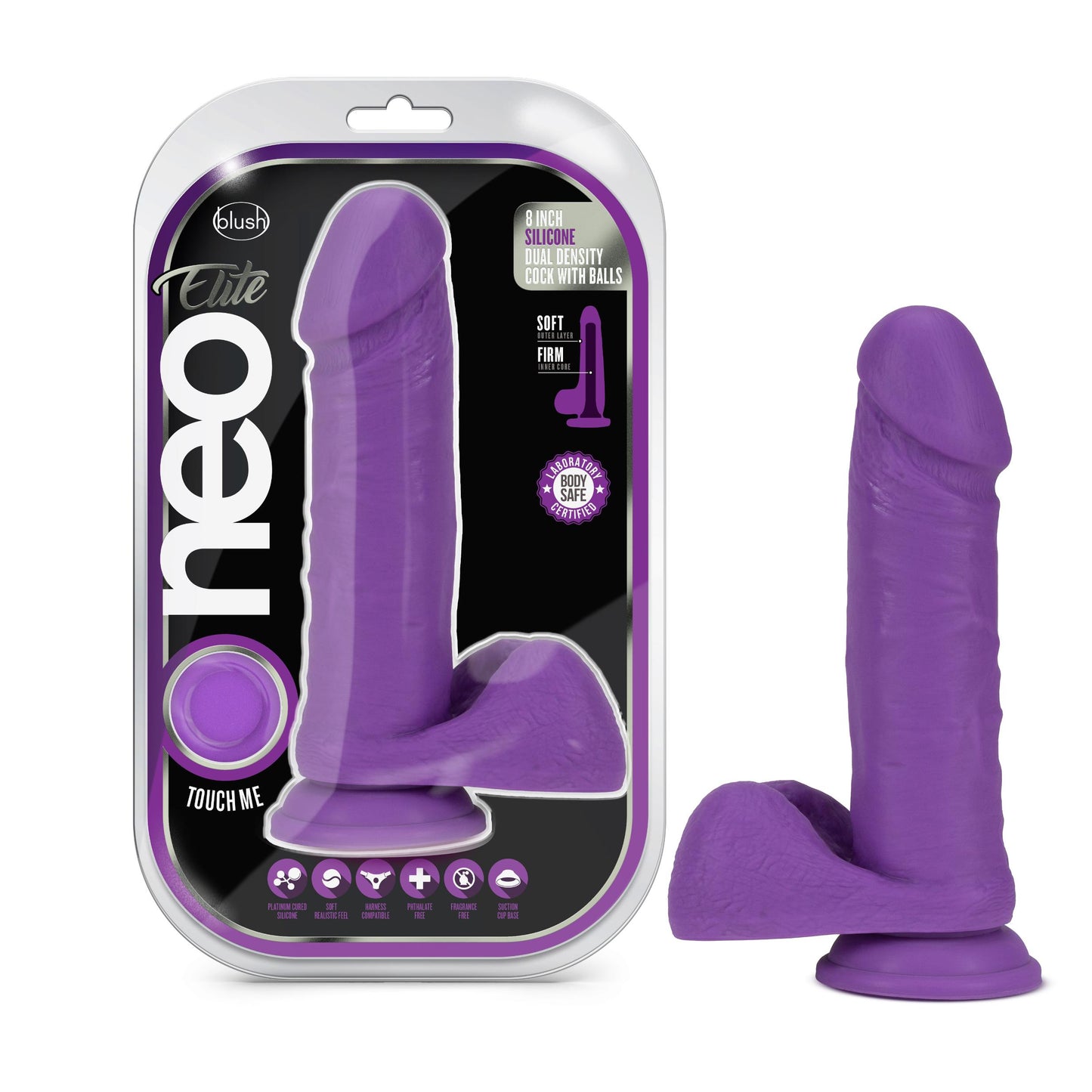 Neo Elite - 8 Inch Silicone Dual Density Cock With Balls - Neon Purple | 819835024712 | Available at EroticWarehouse.com
