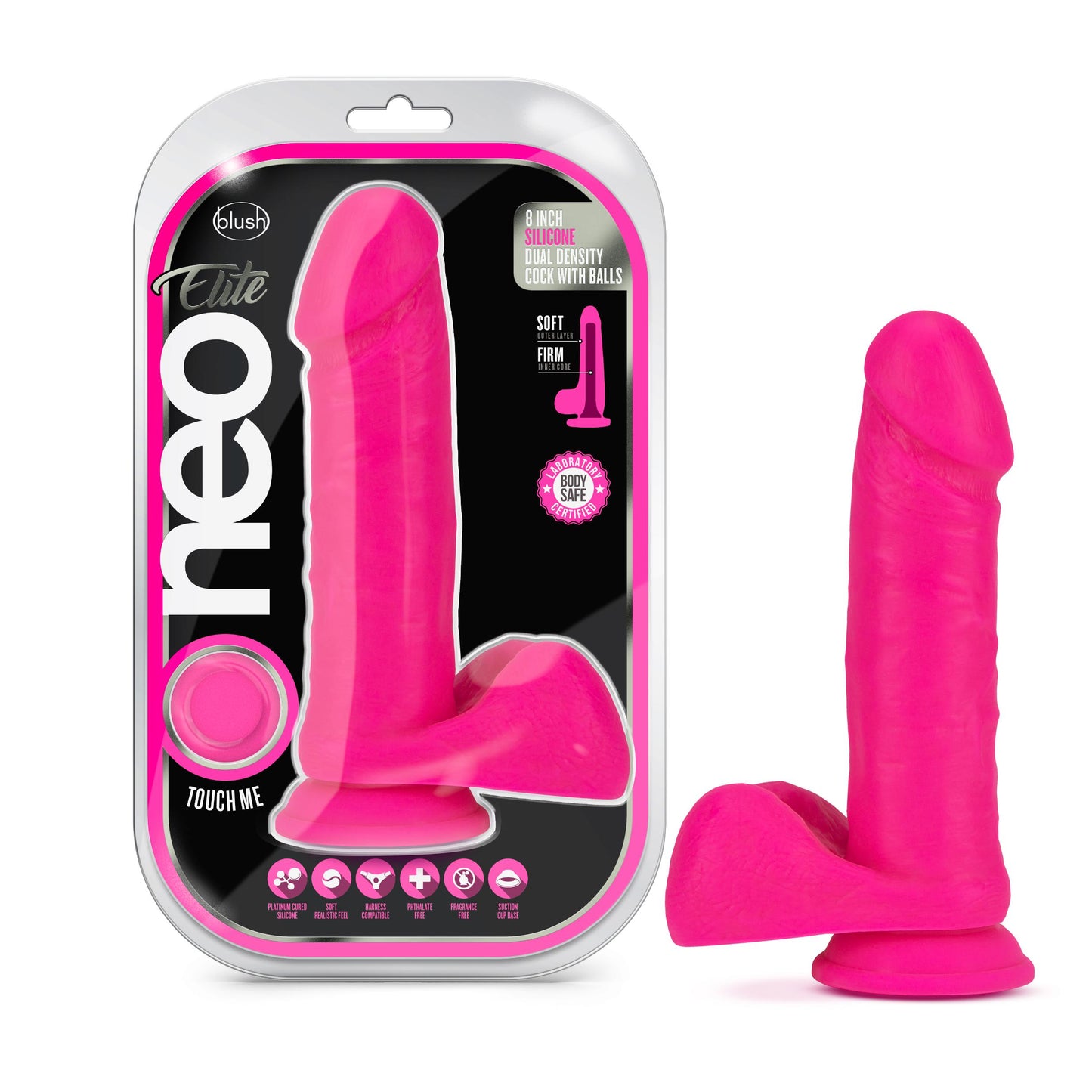 Neo Elite - 8 Inch Silicone Dual Density Cock With Balls - Neon Pink | 819835024729 | Available at EroticWarehouse.com
