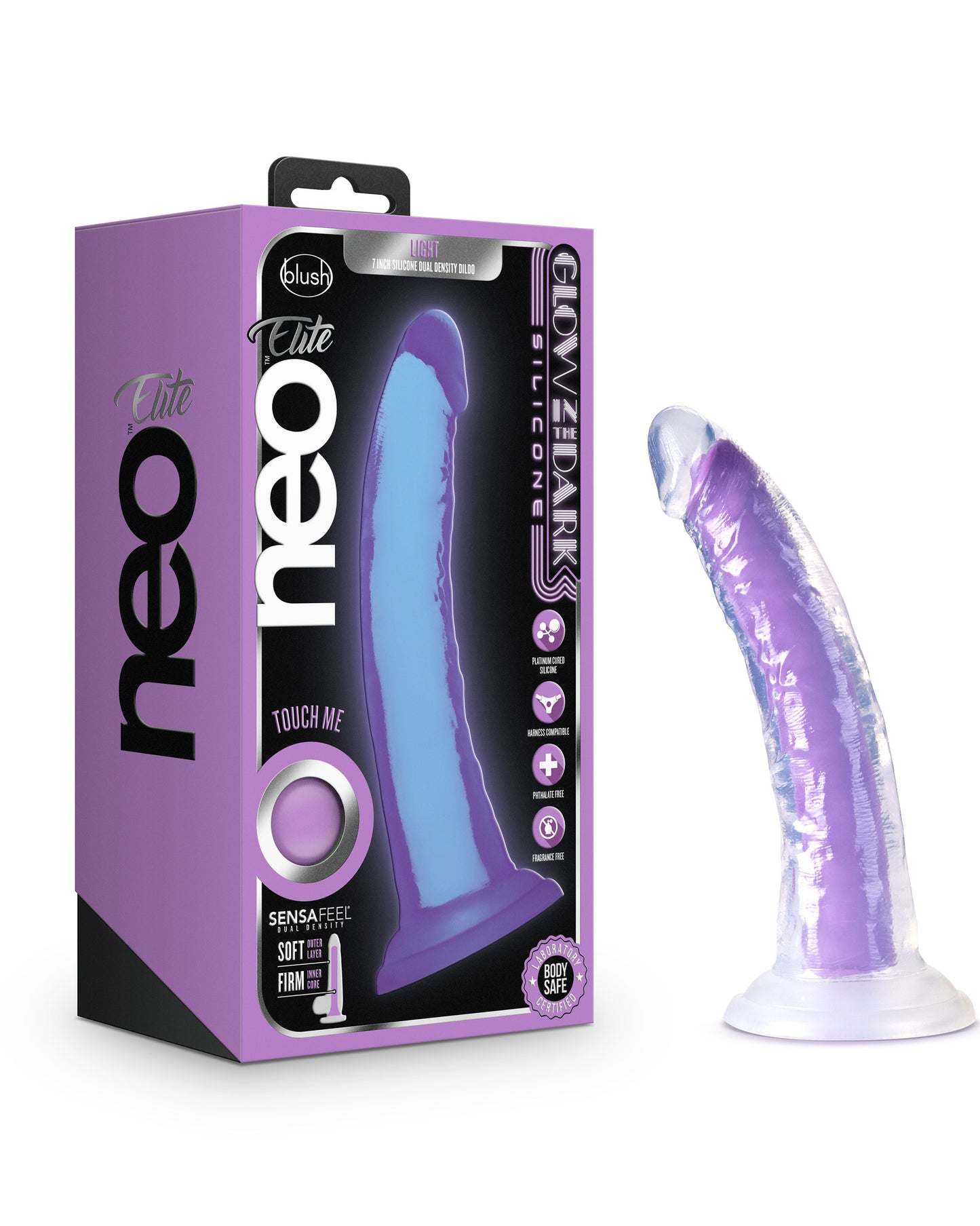 Neo Elite Glow in the Dark - Light - 7 Inch Silicone Dual Density Dildo - Neon Purple | 819835024118 | Available at EroticWarehouse.com