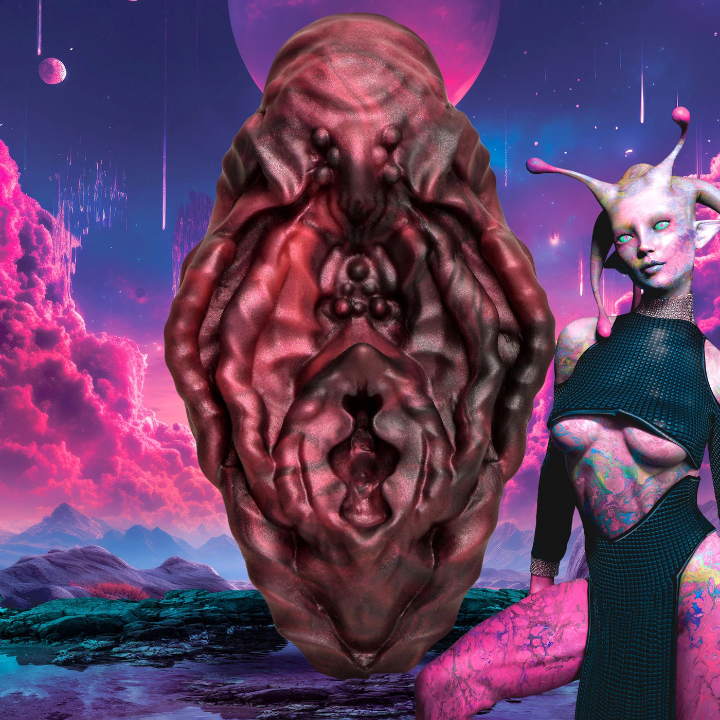 Creature Cocks Xeno Pussy Vulva Silicone Grinder - Red/black | 848518054357 | Available at EroticWarehouse.com