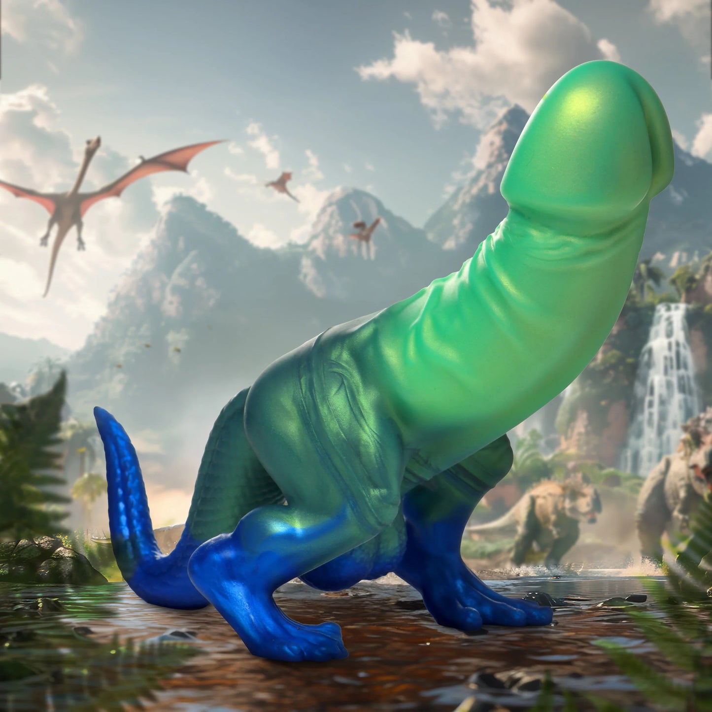 Jurassic Cock Dinosaur Silicone Dildo - Green/blue | 848518054494 | Available at EroticWarehouse.com