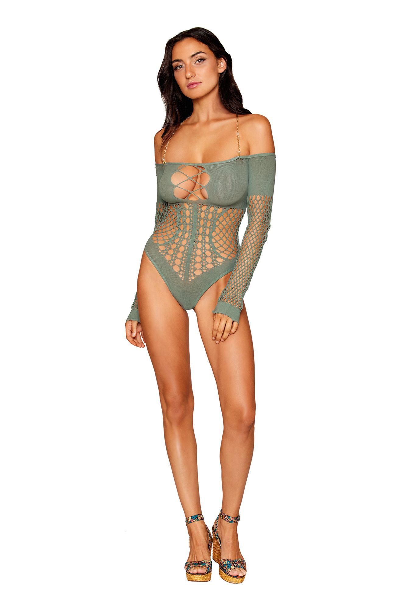 Long Sleeve Teddy - One Size - Sage | 888368346813 | Available at EroticWarehouse.com