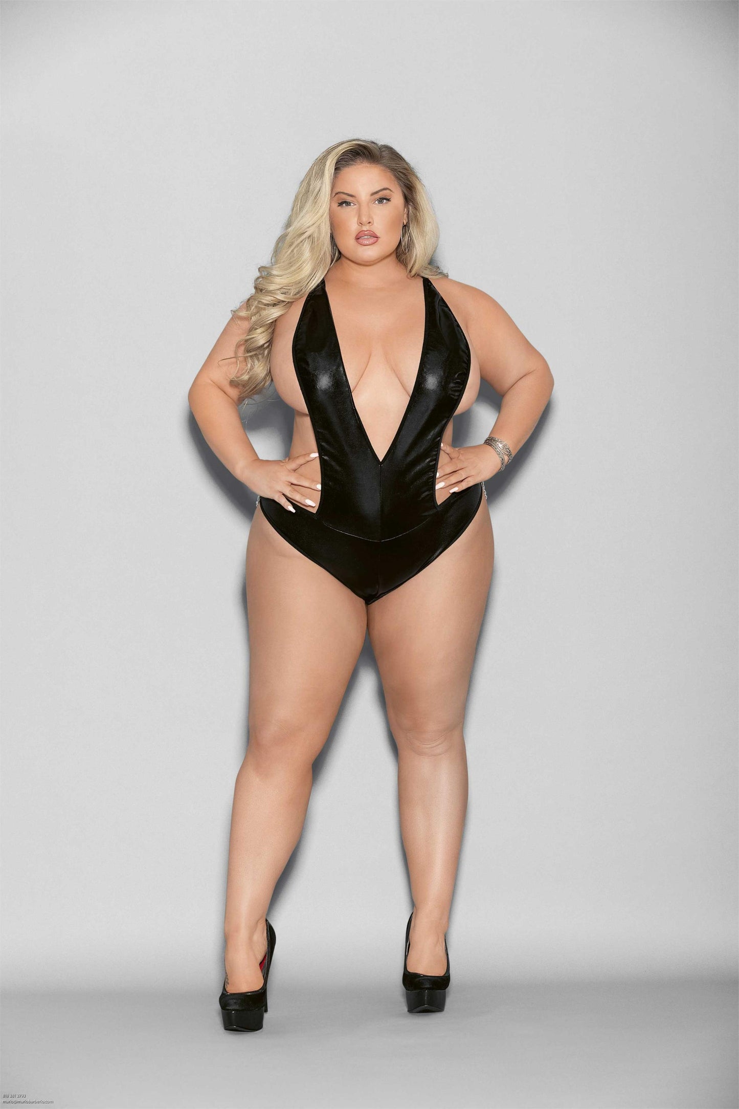Liquid Look Chain Back Open Crotch Teddy - Queen Size - Black | 763036321715 | Available at EroticWarehouse.com