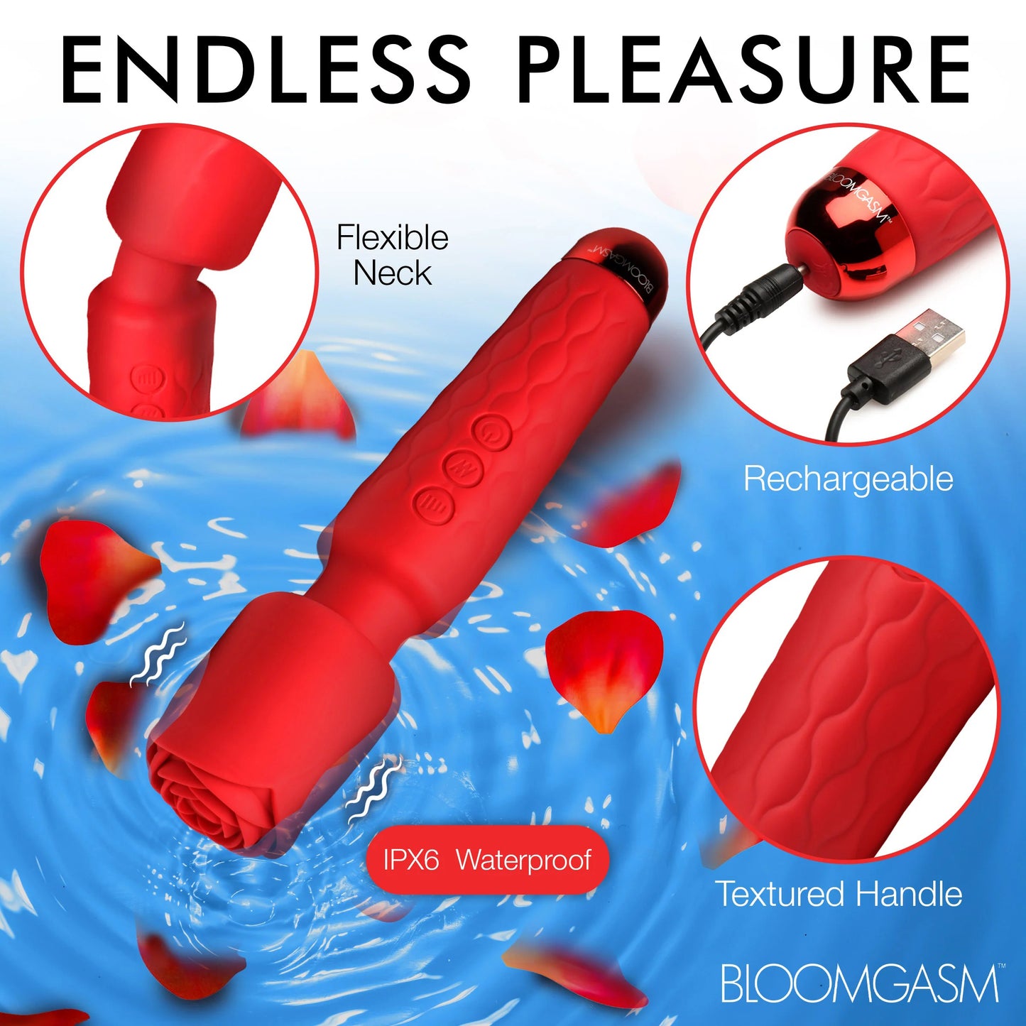 Pleasure Rose 10x Silicone Wand With Rose Attachment - Red | 848518053695 | Available at EroticWarehouse.com