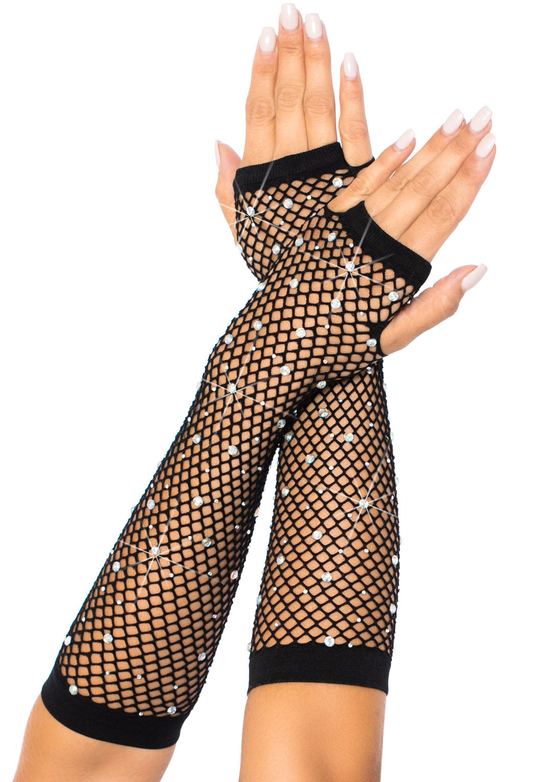 Rhinestone Fishnet Arm Warmers Black | 714718548548 | Available at EroticWarehouse.com
